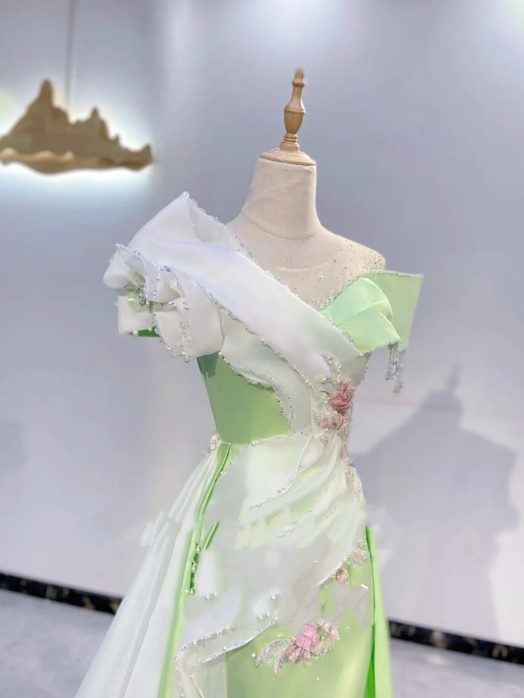 Light Green and White Color Block Waist-Cinched Fitted Elegant Long Evening Dress, Fairy Gown, Romantic Gown gh7404