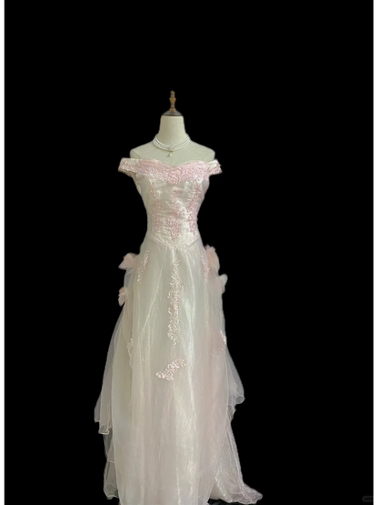 Blush pink off-the-shoulder long romantic gown with embroidery, fitted waist and classic elegant vibe, wedding dress & bridal gown gh8337