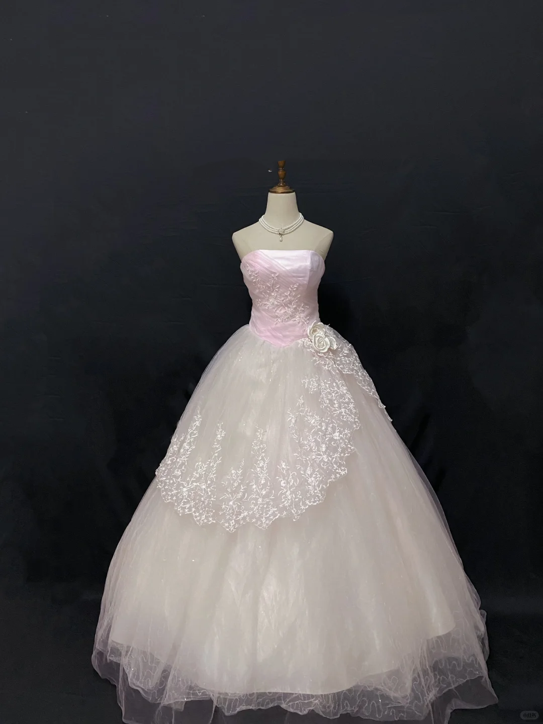 Blush Pink Strapless Long Romantic Gown with Fitted Waist, Lace Trim & Voluminous Skirt, Wedding Dress & Bridal Gown gh8196