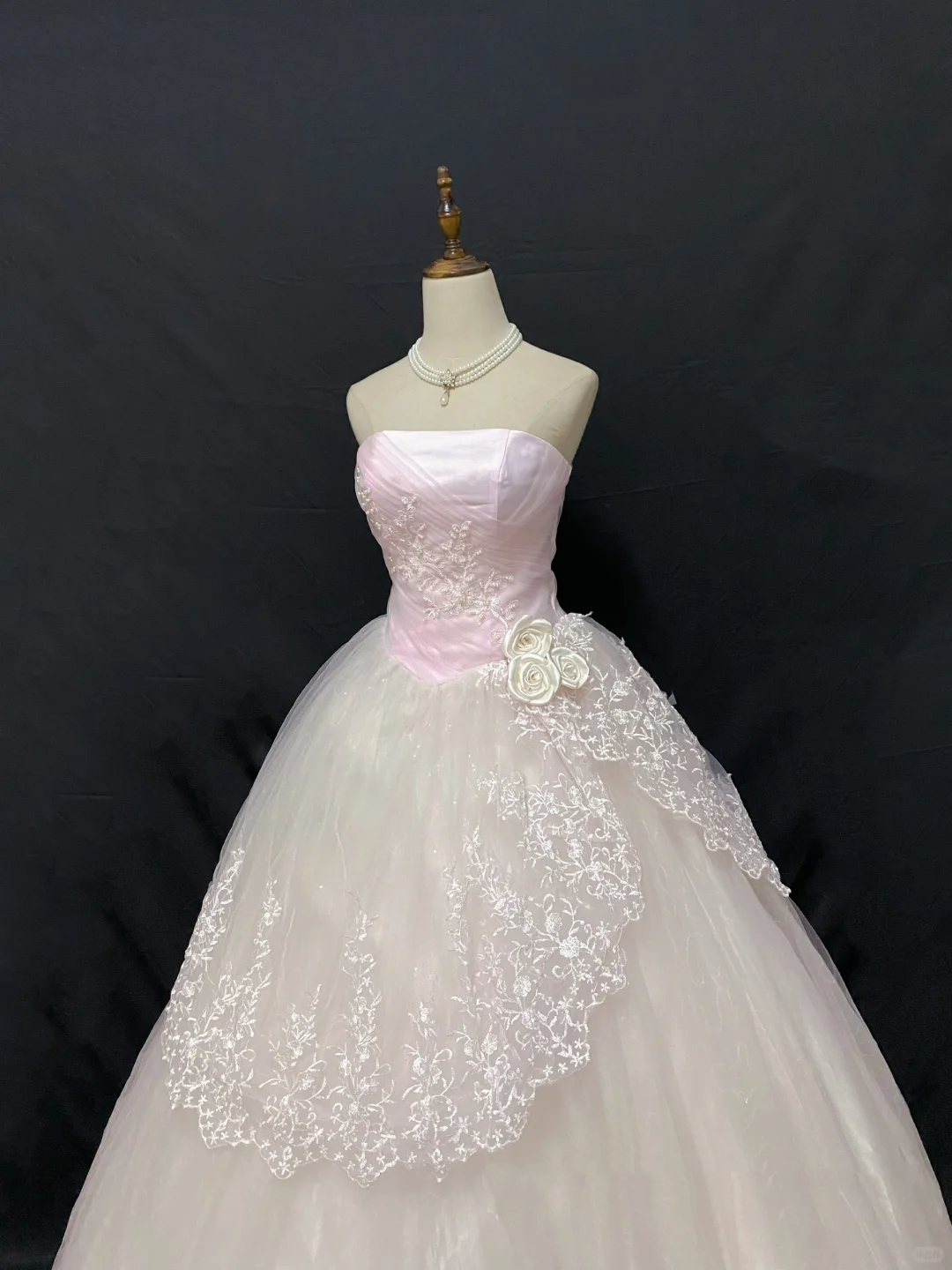 Blush Pink Strapless Long Romantic Gown with Fitted Waist, Lace Trim & Voluminous Skirt, Wedding Dress & Bridal Gown gh8196