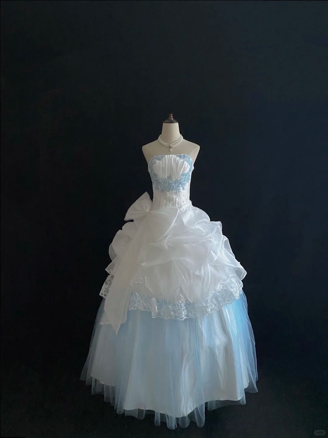 Light Blue & White Strapless Cinched Waist Voluminous Princess Skirt Long Romantic Dress, Wedding Gown gh7850
