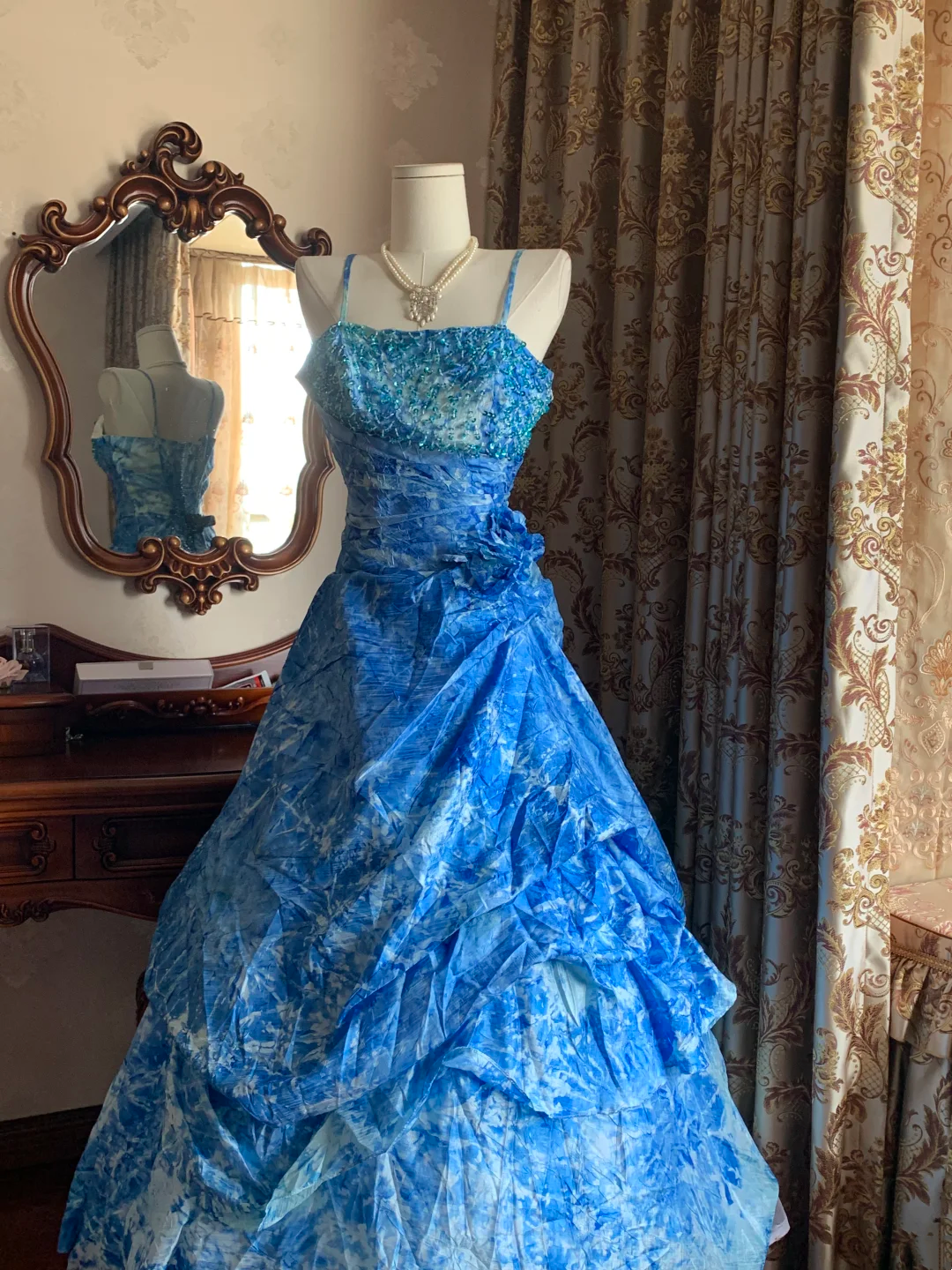 Blue Spaghetti Strap Tie-Dye Waist-Cinched Voluminous Skirt Prom Dress, Evening Ball Gown gh7286