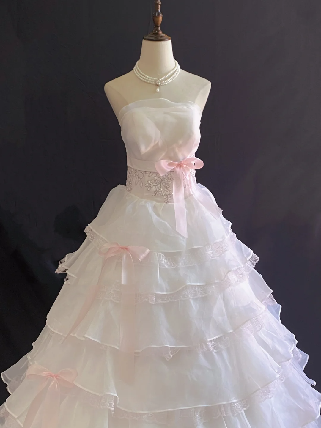 Blush pink strapless romantic gown with fitted waist and fluffy tiered cake skirt, wedding dress & bridal gown gh8241