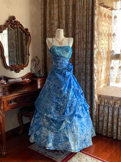 Blue Spaghetti Strap Tie-Dye Waist-Cinched Voluminous Skirt Prom Dress, Evening Ball Gown gh7286