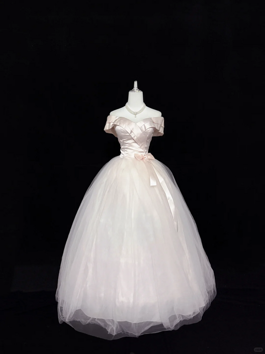 Blush Pink Off-the-Shoulder Cinched Waist Voluminous Princess Skirt Long Romantic Dress, Wedding Gown gh7887
