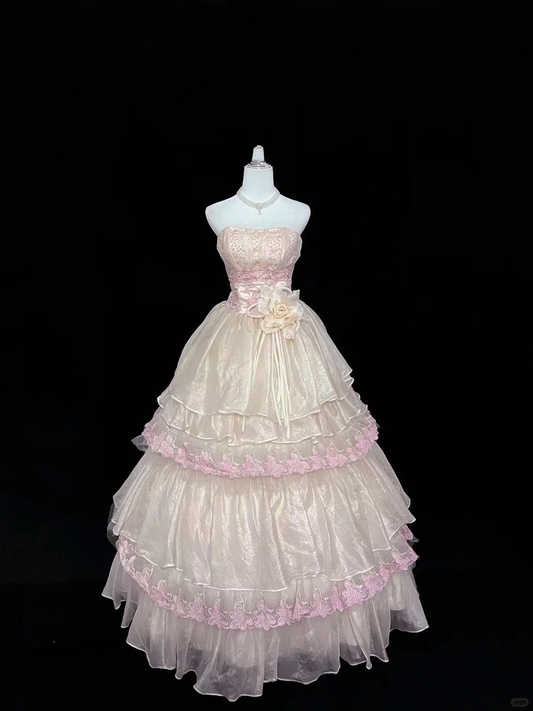 Blush Pink Strapless Embroidered Cinched Waist Girly Voluminous Skirt Long Romantic Dress, Wedding Gown gh7976