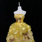 Yellow Strapless Cinched Waist Voluminous Princess Skirt Long Romantic Dress, Wedding Gown gh7936