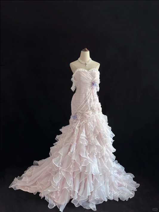 Blush Pink Strapless, Cinched Waist, Slim Fit Hip Hugging Sexy Pleated Long Tiered Skirt Romantic Dress, Wedding Gown gh8022