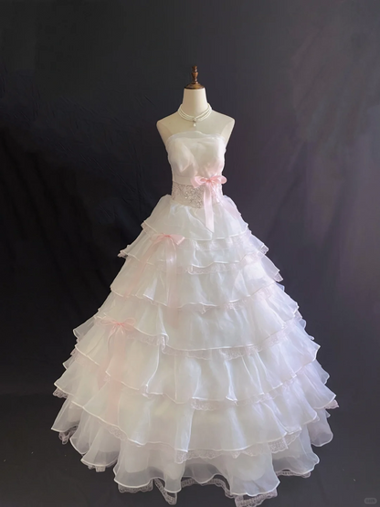 Blush pink strapless romantic gown with fitted waist and fluffy tiered cake skirt, wedding dress & bridal gown gh8241