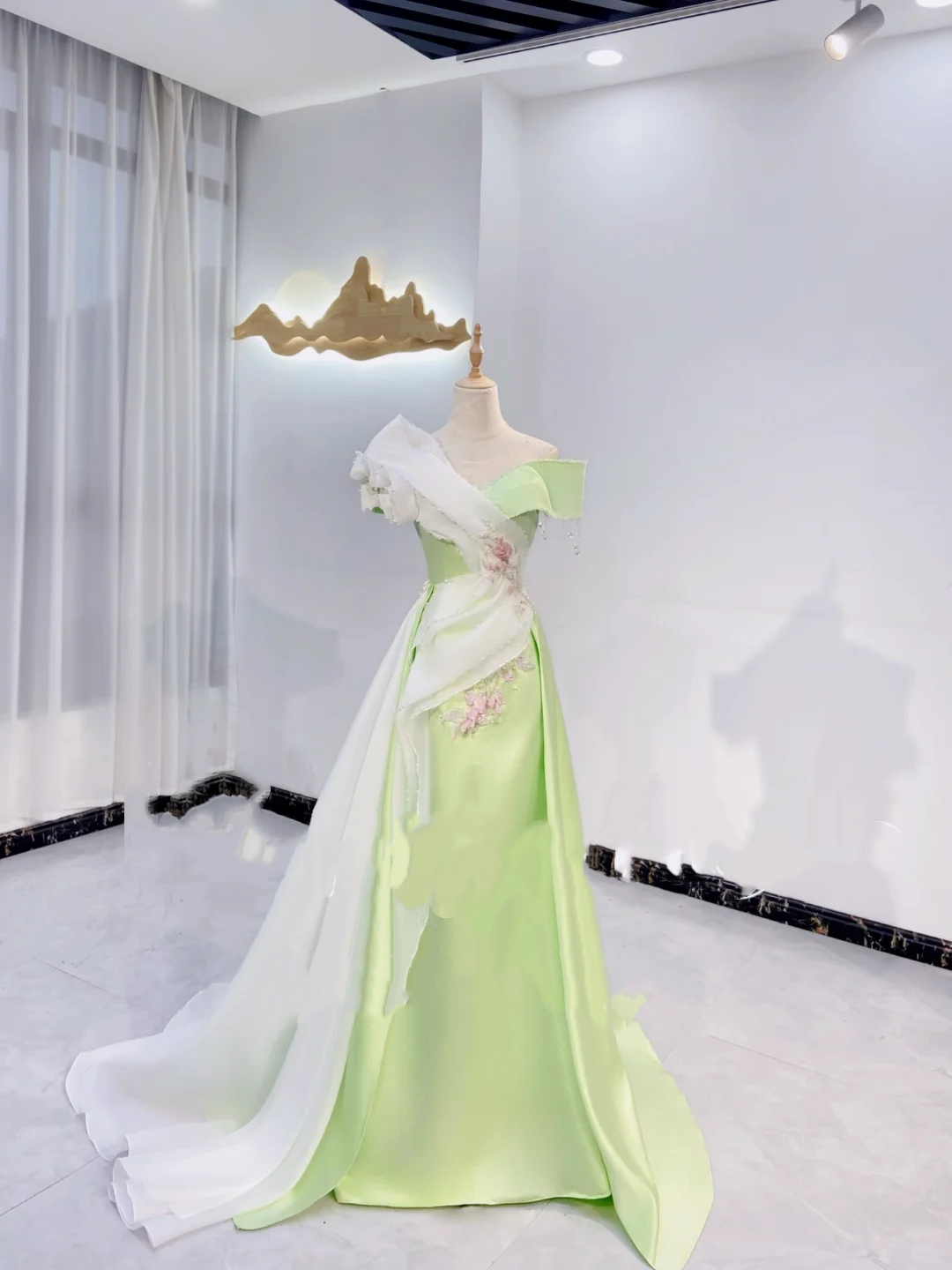 Light Green and White Color Block Waist-Cinched Fitted Elegant Long Evening Dress, Fairy Gown, Romantic Gown gh7404