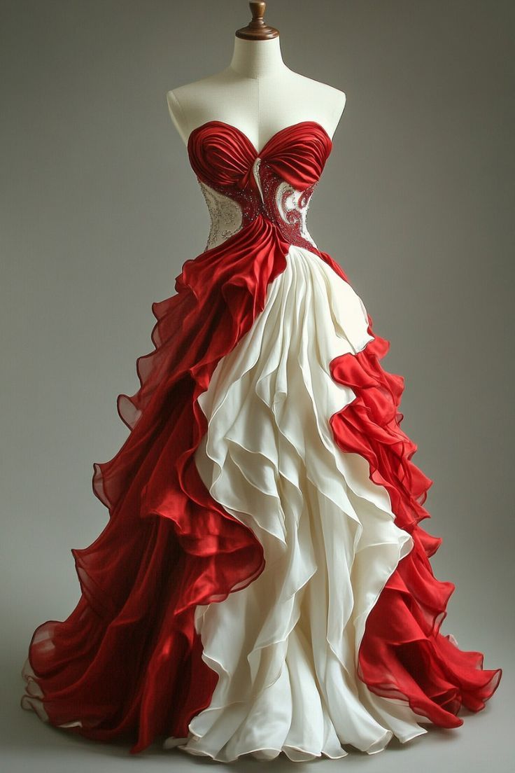 ✨Girlhomeshops🔥 Discount: 5% off orders over $100-Red and Ivory Beaded Long Tulle Ball Gown gh4969