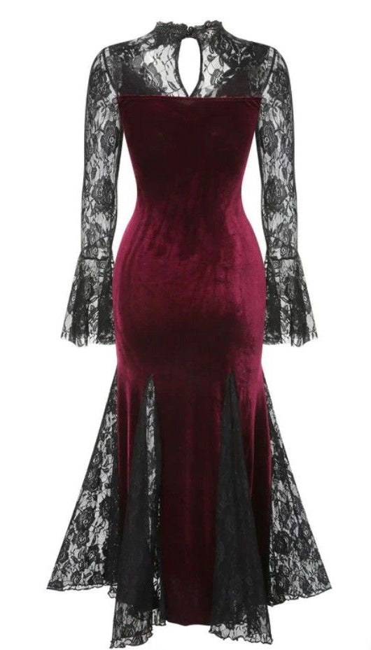 Girlhomeshops - Robe de soirée à manches longues en velours bordeaux et dentelle gothique GH5813