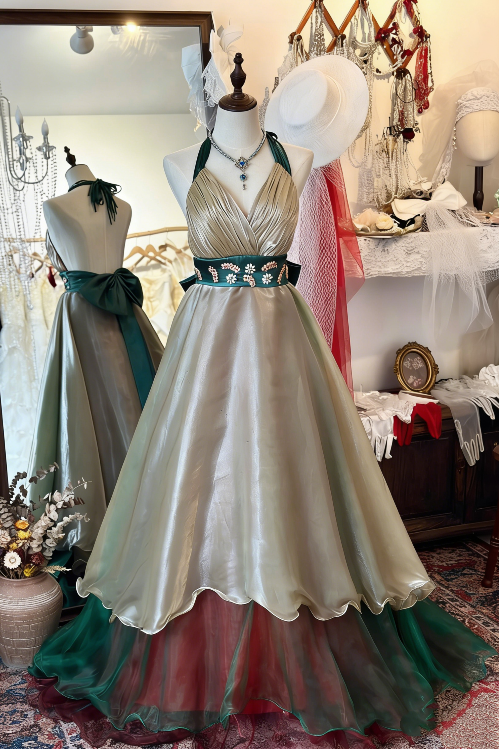Retro-Luxus-Neckholderkleid: Tailliertes, ausgestelltes Kleid aus Satin, Partykleid gh6580
