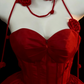 Robe bustier à volants rose écarlate style romantique sombre - Robe de bal gothique pour dîner ou soirée à thème gh6560