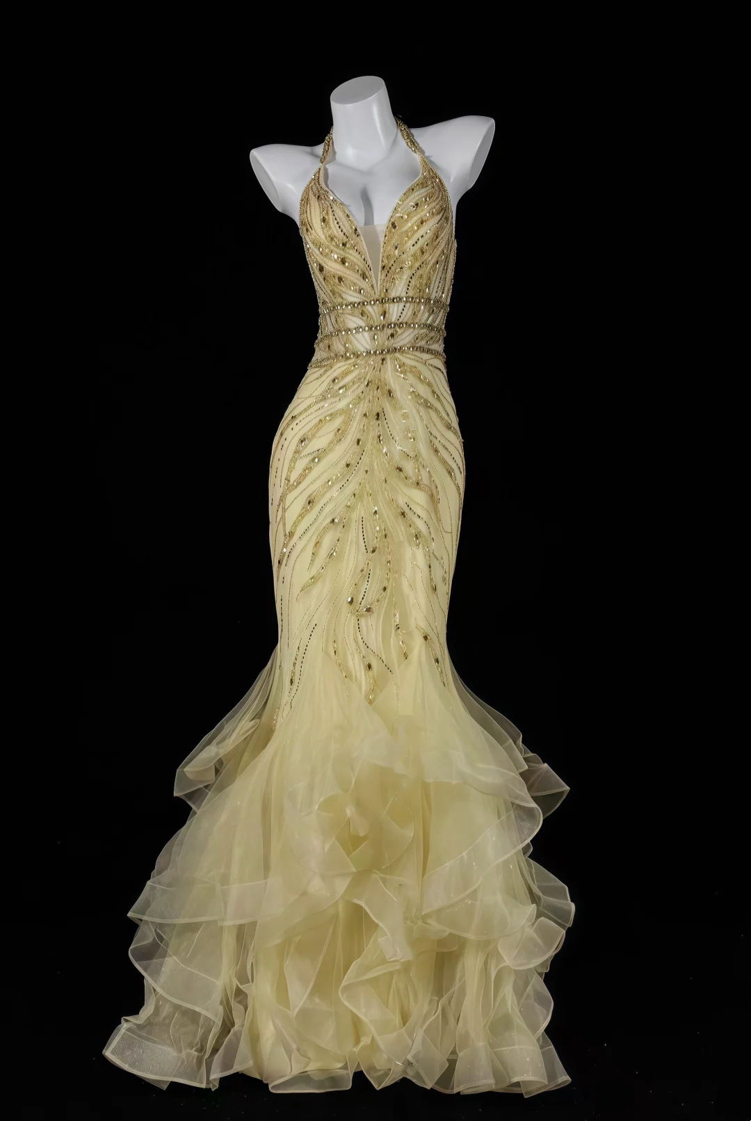Champagne Halter Beaded Sequin Waist-Fitted Hip-Hugging Sexy Long Evening Gown for Parties & Balls gh7153