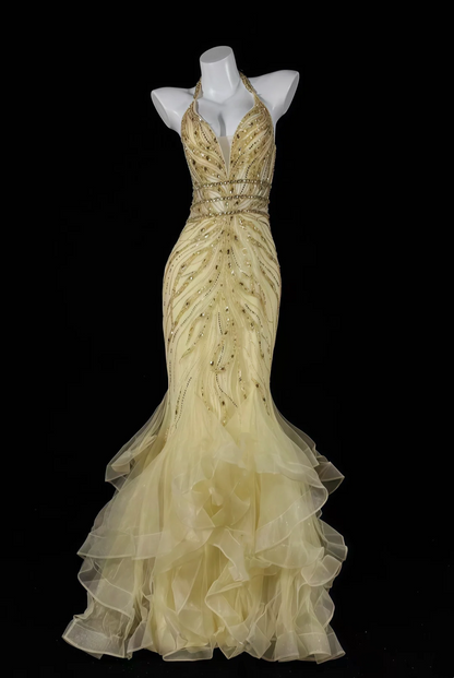 Champagne Halter Beaded Sequin Waist-Fitted Hip-Hugging Sexy Long Evening Gown for Parties & Balls gh7153