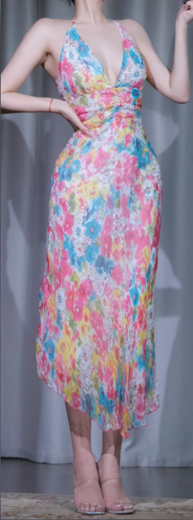 Halter Backless Floral Midi Dress, Colorful Print Irregular Hem Chiffon Evening Gown for Women gh9915