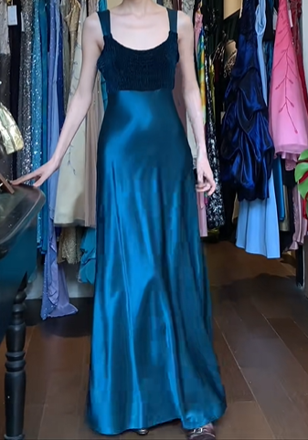 Teal Blue Black Vintage Prom Dress Wide Straps Square Neck Heavy Beaded Bodice Satin A-Line Long Evening Gown gh9627