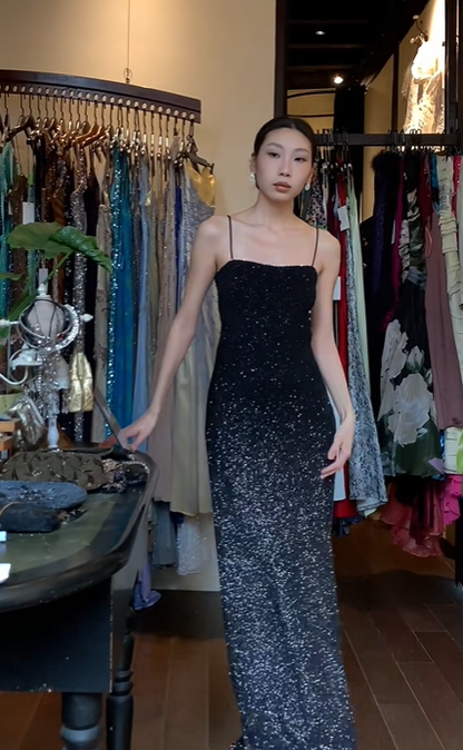 Black Gradient Sequin Long Formal Gown Spaghetti Straps Slim Mermaid Evening Dress gh9641