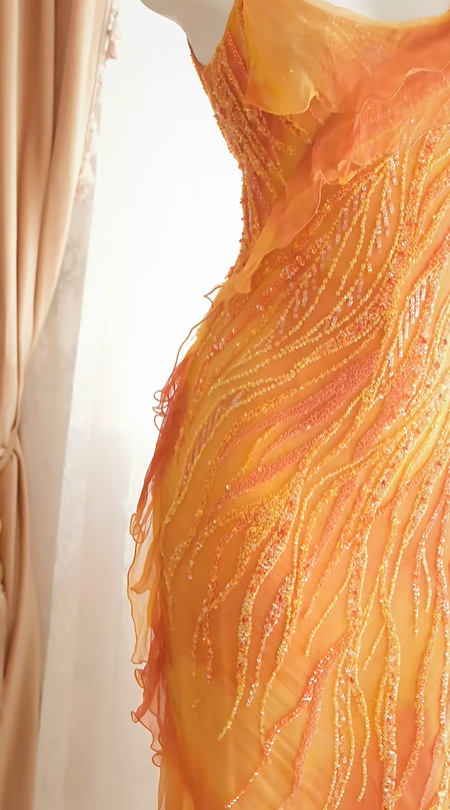 Women Orange Ombre Long Formal Dress Spaghetti Straps Cowl Neck Hand-Beaded Flowy Ruffle Chiffon Mermaid Evening Gown gh9579