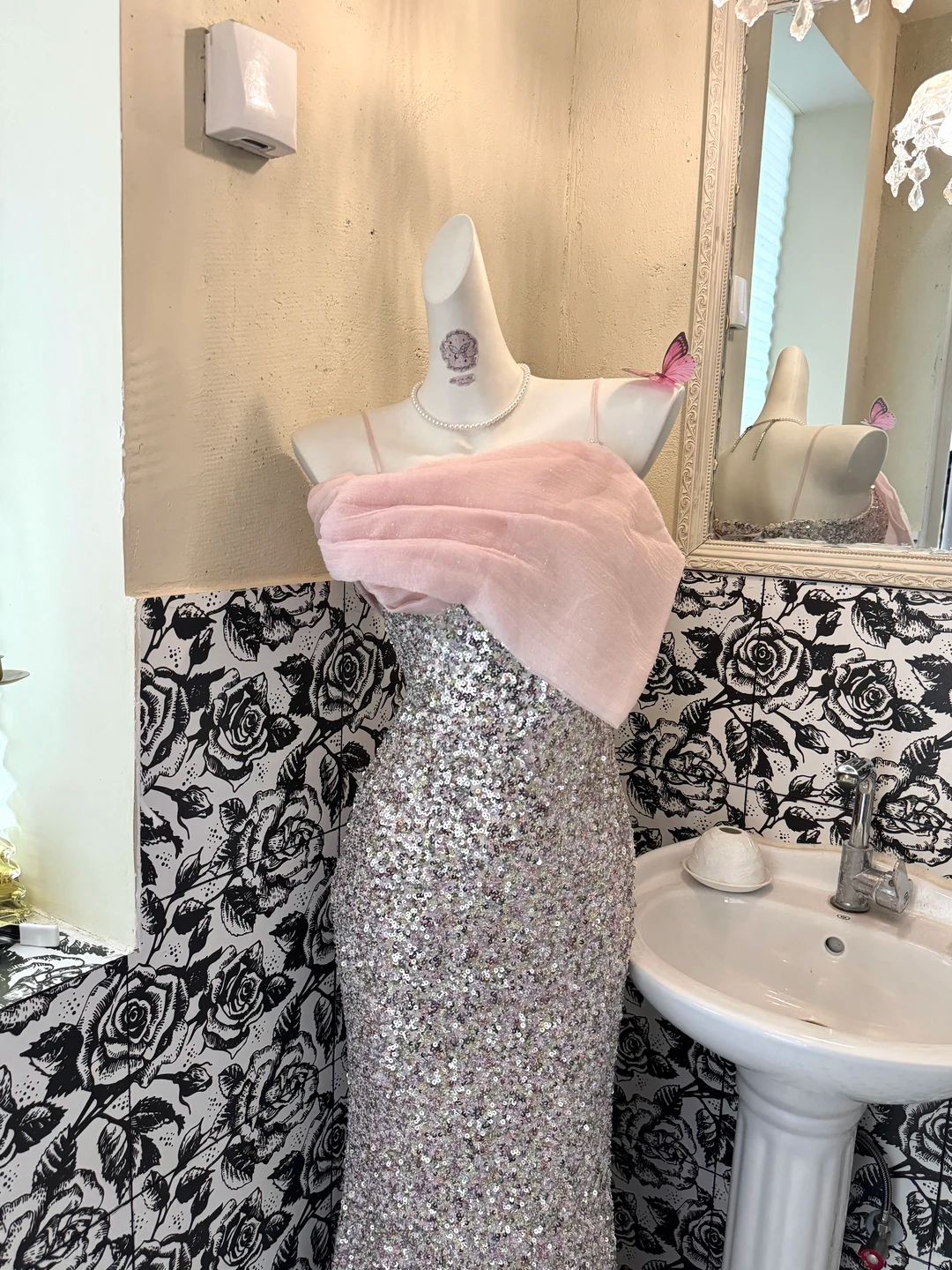 Silver Spaghetti Strap Waist-Cinched Fitted Sexy Sequin Romantic Dress, Wedding Gown gh7611