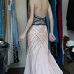 Halter Deep V Cutout Evening Gown Blue Gold Hand Beaded Rhinestone Mermaid Long Formal Prom Dress gh9750