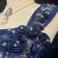 One Shoulder Navy Blue Satin Prom Dress Ruched Bodice Lace Embroidery 3D Floral Beaded Formal Gown gh9553