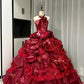 Red floral beaded maximalist long tulle ball gown 16th birthday dress Quinceanera Dress gh4738