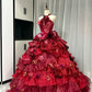 Red floral beaded maximalist long tulle ball gown 16th birthday dress Quinceanera Dress gh4738