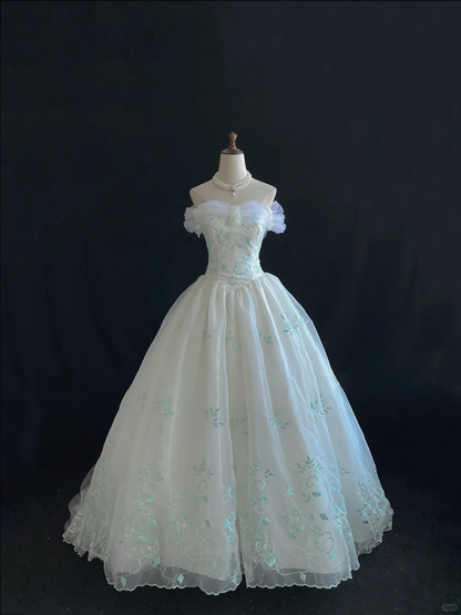 White Off-Shoulder Romantic Gown, Cinched Waist, Vintage Green Embroidery, Voluminous Skirt, Wedding Dress & Bridal Gown gh8112
