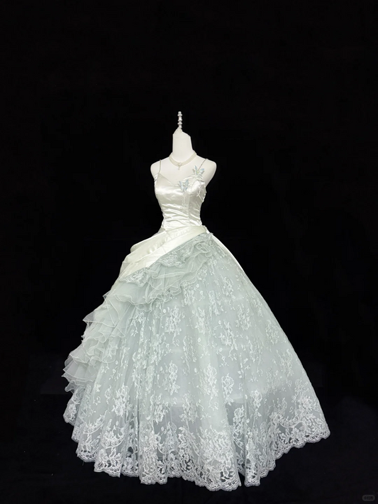 Sage Green Spaghetti Strap Cinched Waist Voluminous Skirt Long Romantic Dress, Wedding Gown gh7888