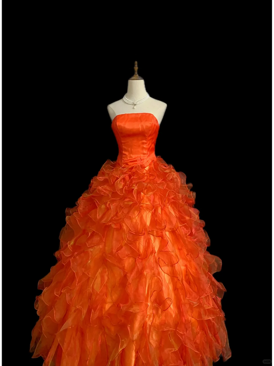 Orange Red Strapless Long Premium Romantic Gown with Fitted Waist and Fluffy Tiered Cake Skirt, Wedding Dress & Bridal Gown gh8338