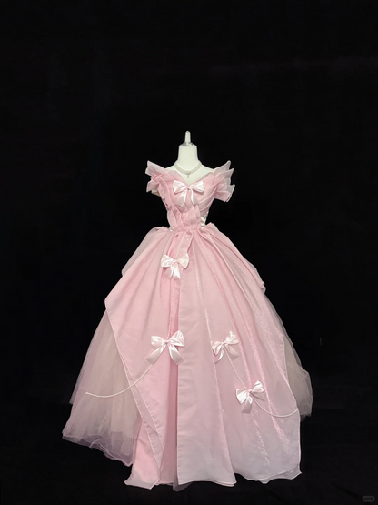 Blush Pink V-Neck Bow Design Cinched Waist Voluminous Princess Skirt Romantic Dress, Wedding Gown gh7851