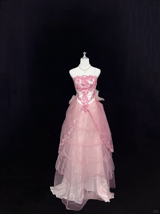 Blush Pink Spaghetti Straps, Cinched Waist, Slim Fit, Embroidered Long Vintage Elegant Romantic Dress, Wedding Gown gh8073