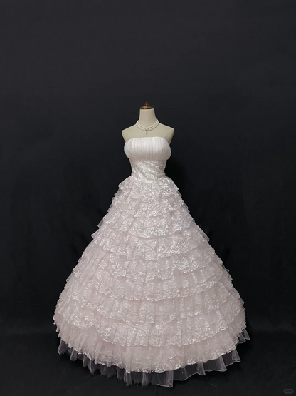 Blush Pink Strapless Lovely Romantic Gown with Cinched Waist & Voluminous Tiered Cake Skirt, Wedding Dress & Bridal Gown gh8197