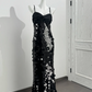 Black Spaghetti Strap Sequin Cinched Waist Fitted Sexy Prom Dress, Evening Gown gh7214