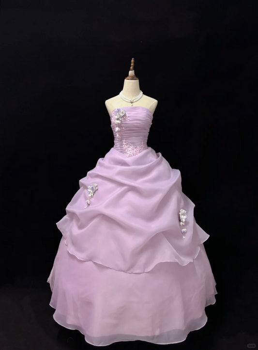 Light Lavender Strapless Cinched Waist Voluminous Skirt Romantic Dress, Wedding Gown gh7937