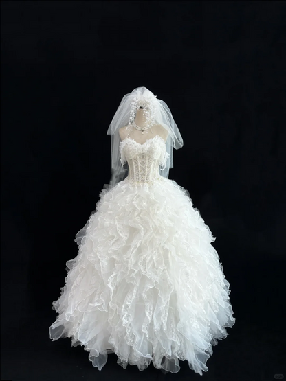 White Spaghetti Straps Cinched Waist Voluminous Tiered Skirt Vintage Elegant Romantic Dress, Wedding Gown gh8023