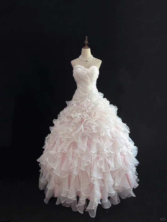 Blush Pink Strapless Cinched Waist Voluminous Tiered Skirt Long Romantic Dress, Wedding Gown gh7977