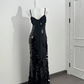 Black Spaghetti Strap Sequin Cinched Waist Fitted Sexy Prom Dress, Evening Gown gh7214