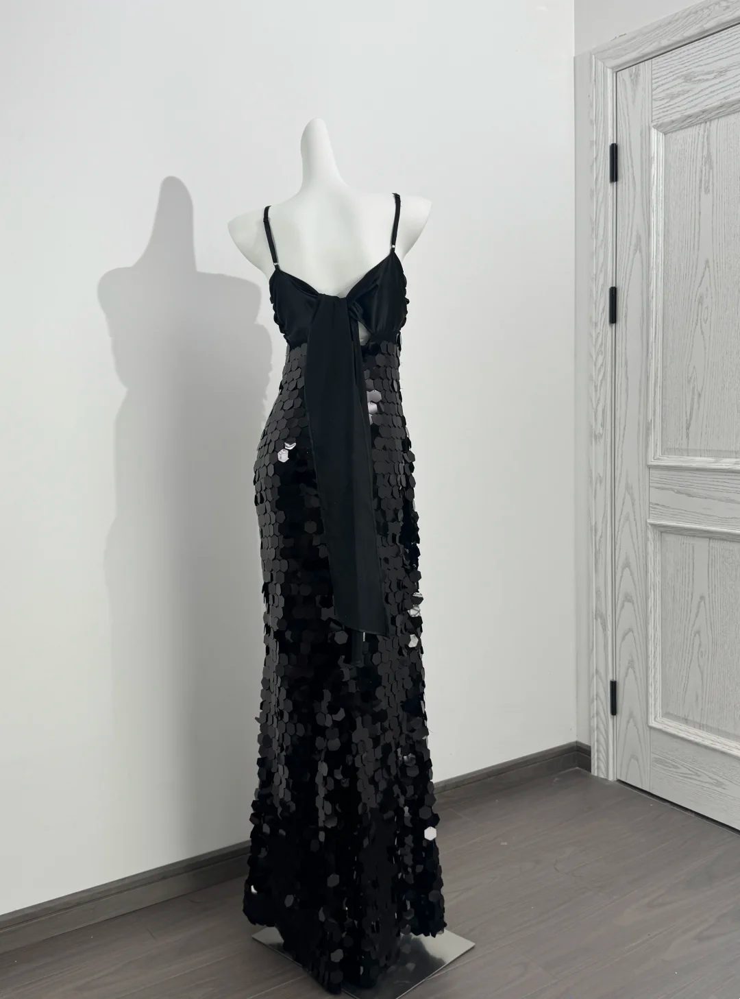 Black Spaghetti Strap Sequin Cinched Waist Fitted Sexy Prom Dress, Evening Gown gh7214