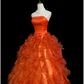 Orange Red Strapless Long Premium Romantic Gown with Fitted Waist and Fluffy Tiered Cake Skirt, Wedding Dress & Bridal Gown gh8338