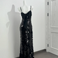 Black Spaghetti Strap Sequin Cinched Waist Fitted Sexy Prom Dress, Evening Gown gh7214