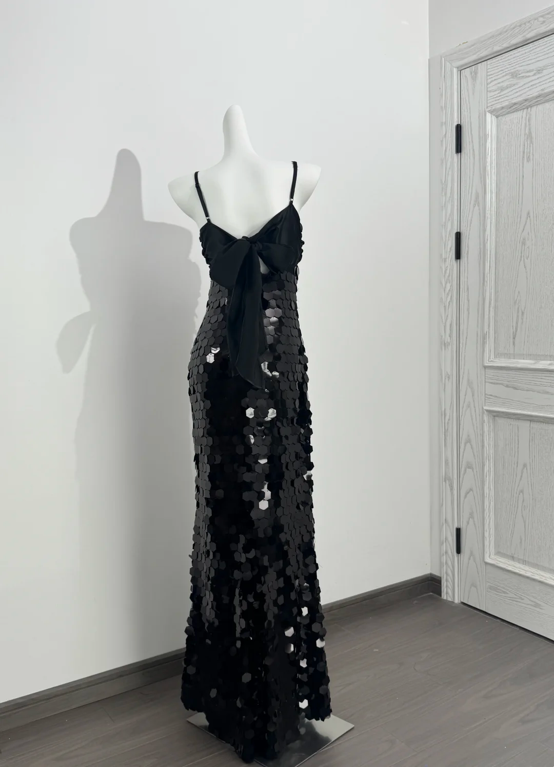 Black Spaghetti Strap Sequin Cinched Waist Fitted Sexy Prom Dress, Evening Gown gh7214