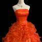 Orange Red Strapless Long Premium Romantic Gown with Fitted Waist and Fluffy Tiered Cake Skirt, Wedding Dress & Bridal Gown gh8338