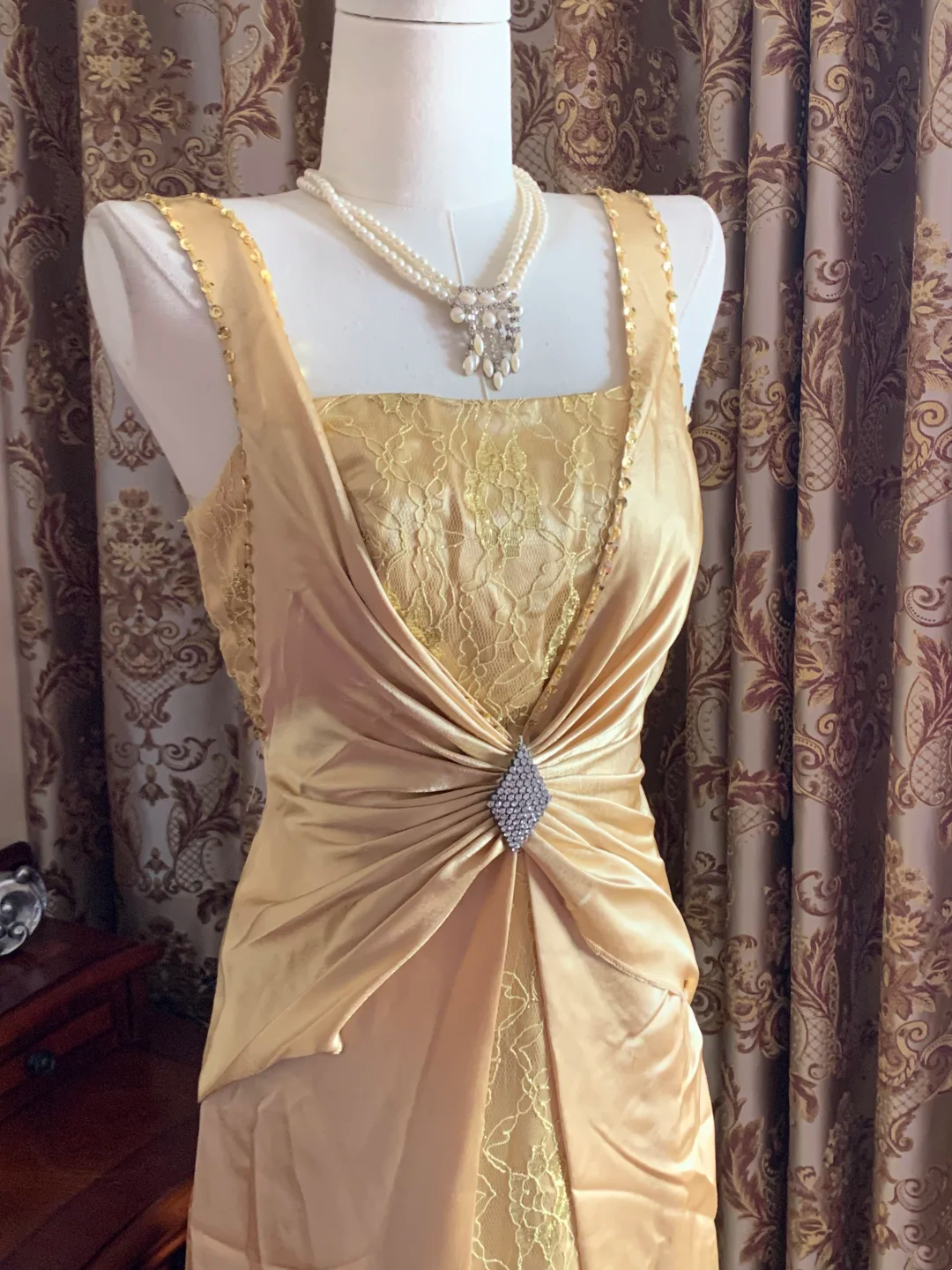 Gold Spaghetti Strap Square Neck Fitted Waist Slim Elegant Prom Dress, Evening Ball Gown gh7287