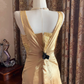 Gold Spaghetti Strap Square Neck Fitted Waist Slim Elegant Prom Dress, Evening Ball Gown gh7287