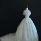 White Off-Shoulder Romantic Gown, Cinched Waist, Vintage Green Embroidery, Voluminous Skirt, Wedding Dress & Bridal Gown gh8112