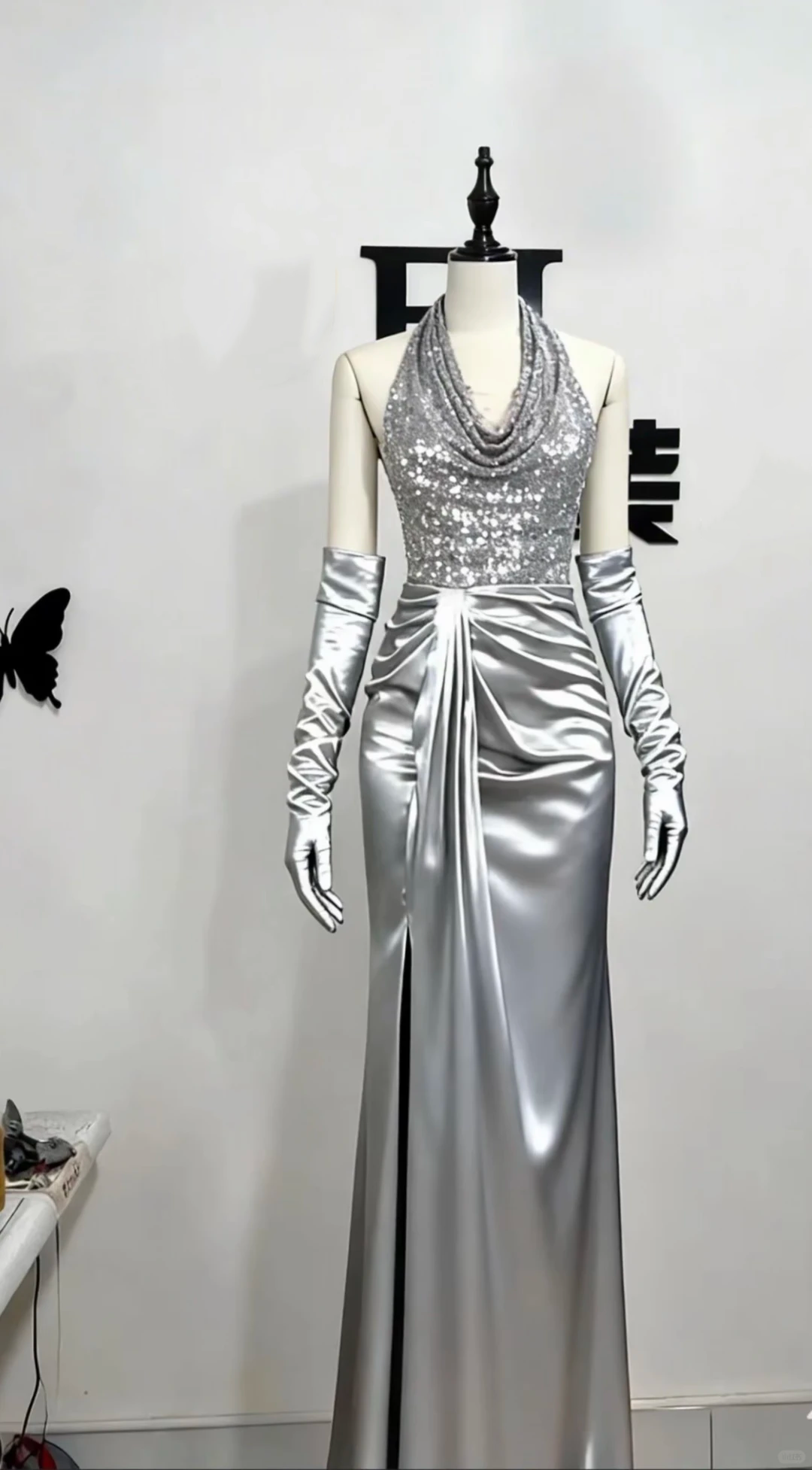 Silver Halter Sequin Waist-Cinched Fitted Elegant Long Evening Dress, Fairy Gown, Romantic Gown gh7483