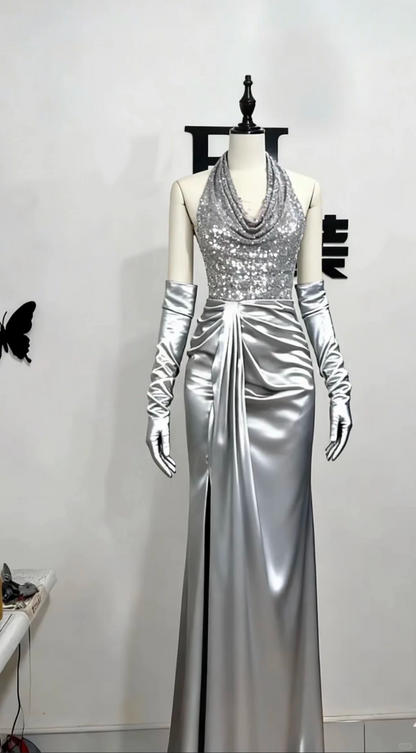 Silver Halter Sequin Waist-Cinched Fitted Elegant Long Evening Dress, Fairy Gown, Romantic Gown gh7483